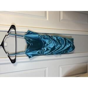 Linjou Women's Satin Cocktail Dress in Teal with Ruched Detailing Size S 290